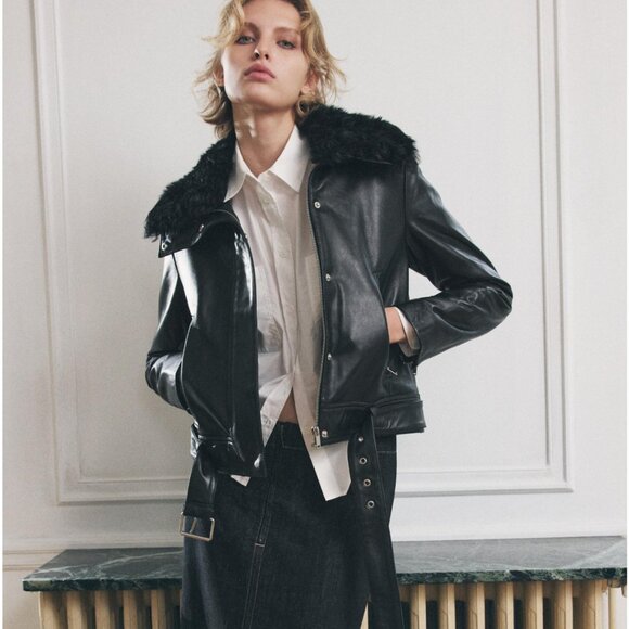 ZARA Women $349 100% Leather Jacket Black Removable faux fur collar XS NWT - Picture 1 of 13